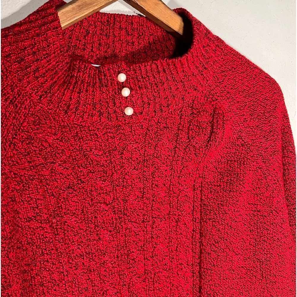 Red Sweater Cable Knit long sleeve pearl detailed neckline Sz XL Acrylic blend